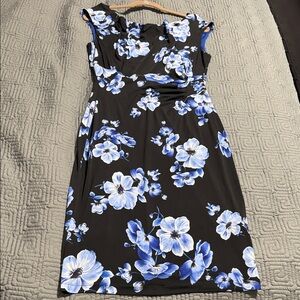 Connected Apparel Black Dress with Blue Floral Design